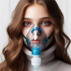 girl in an oxygen mask on a white background