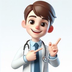 Fototapeta premium 3D cartoon Happy smiling doctor character man showing pointing finger standing confident on white background