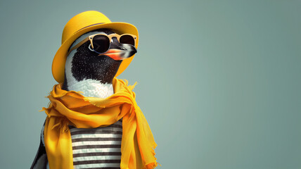 Fashion penguin in yellow hat and scarf, concept of summertime chic - 792991992