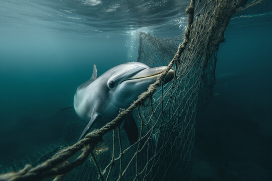 A dolphin being trapped as bycatch by a fishing net under water