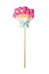 Lollipop on a stick in the form of a bouquet of flowers.Lollipop on a white background.