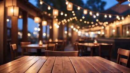 Softly Lit Bokeh Lights Adorn an Empty Wooden Table, Set against a Dreamy Blurred Restaurant Setting