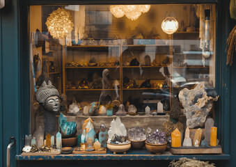 Naklejka premium A view into the window of a store selling all kinds of healing products and featuring various healing crystals and stones