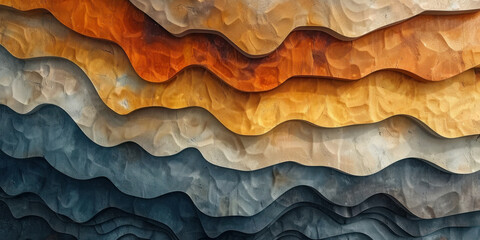 Abstract Wooden Wall Decor with Vibrant Wave Pattern in Orange, Yellow, and Blue Colors for Interior Design Concept