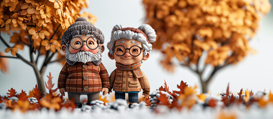 3d illustration of couple of elderly people standing in a field of autumn leaves. Concept of grandparent's day 