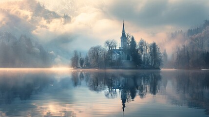 Gentle Morning Mist Wrapping Around a Fairytale Castle Magical Realism in a Dreamy Landscape - obrazy, fototapety, plakaty
