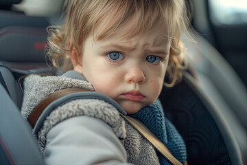 A young toddler, displaying a serious and slightly displeased demeanor, seated in a car safety seat, facing the camera
