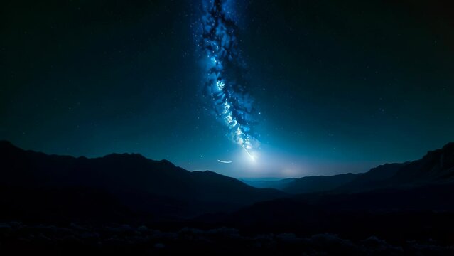 Video animation of  serene night scene. It features a luminous celestial body, likely the moon, resting near the horizon.