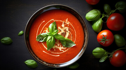 Tomato soup with basil in a bowl