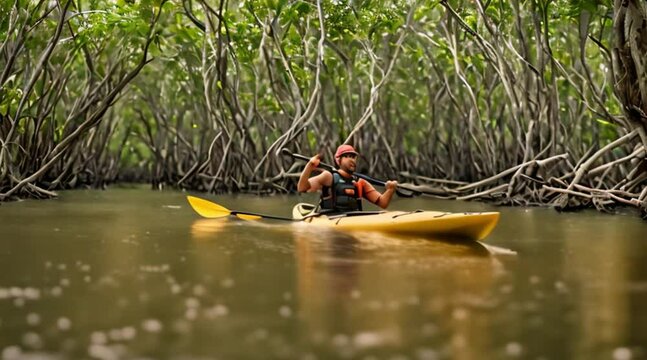 A kayaker navigating through mangrove forests.

