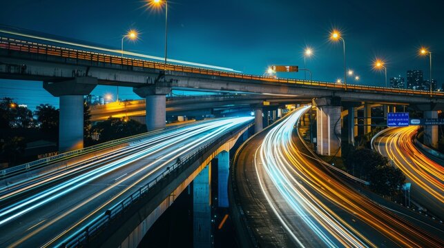 Highway overpass with cars streaking beneath it, capturing the energy of nighttime traffic