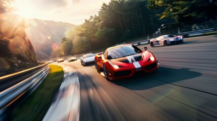 Intense competition as sleek sports cars vie for the lead on a winding road