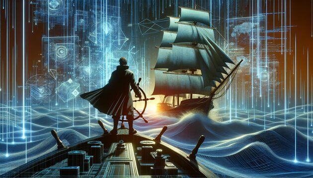 A navigator standing at helm of a ship sailing through a vast cyberspace instead of sea