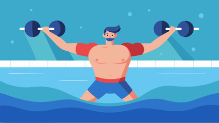 A fighter floats on their back in the pool using water dumbbells to perform overhead presses and other upper body exercises building strength - obrazy, fototapety, plakaty