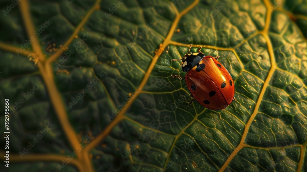 Poster Macro shot capturing a ladybug exploring the intricate veins of a leaf