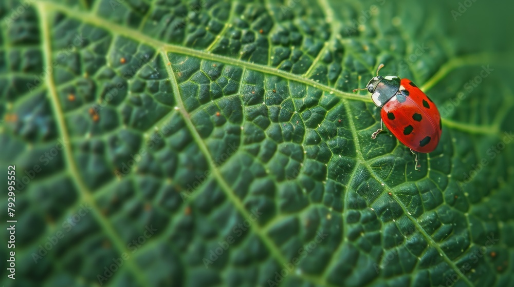 Aufkleber Macro shot capturing a ladybug exploring the intricate veins of a leaf