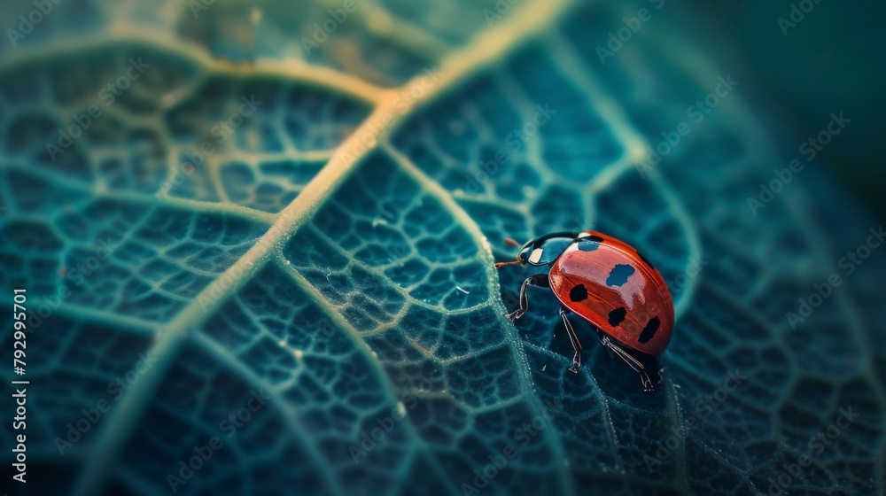 Aufkleber Macro shot capturing a ladybug exploring the intricate veins of a leaf