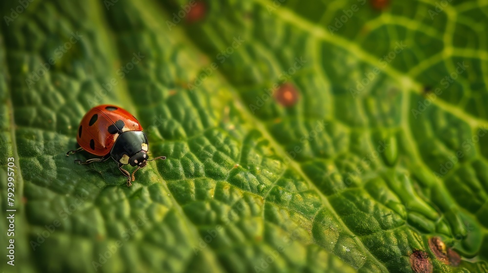 Aufkleber Macro shot capturing a ladybug exploring the intricate veins of a leaf
