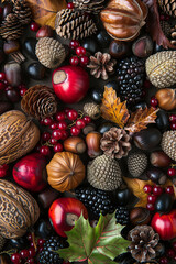 An arrangement of autumnal fruits including chestnuts, blackberries, acorns, and pine cones