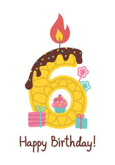 Happy birthday. Candle number, gifts, cupcake, muffin, star. Six. Vector illustration isolated on white