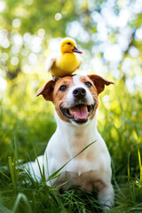 Happy dog with a duckling on its head in a sunny meadow - concept of harmony and friendship - 792995933