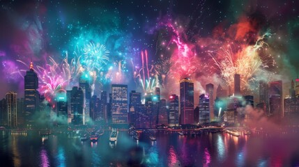 Multi-colored fireworks exploding over a city skyline, creating a stunning visual display - obrazy, fototapety, plakaty