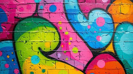 A colorful and bold graffiti art piece, featuring a variety of shapes and splatters on an urban...