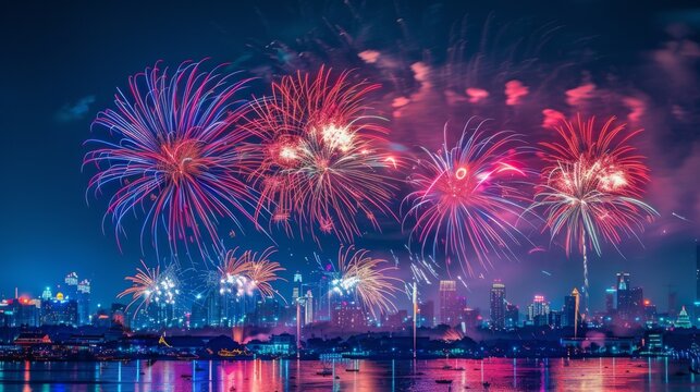 Multi-colored fireworks exploding over a city skyline, creating a stunning visual display