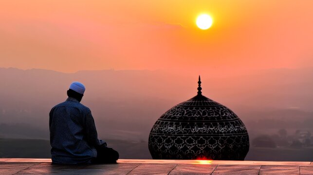 A tranquil early morning scene as an individual performs Fajr, the pre-dawn prayer, in the serene glow of the rising sun.