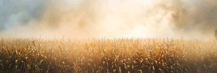 Corn field panorama view in sunlight with smoke for web banner template. - obrazy, fototapety, plakaty