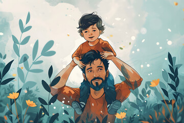 This illustration depicts a father carrying his son, symbolizing the love and bond between a father and his child, suitable for father's day themes and parenting-related content.