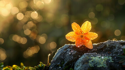 A solitary orange flower glistens with dewdrops against a bokeh light backdrop, its delicate petals capturing the first golden rays of the sunrise, evoking a moment of serene beauty in nature's 