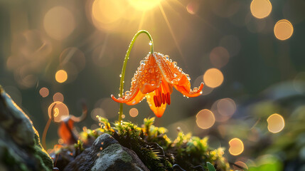 A solitary orange flower glistens with dewdrops against a bokeh light backdrop, its delicate petals capturing the first golden rays of the sunrise, evoking a moment of serene beauty in nature's  - obrazy, fototapety, plakaty