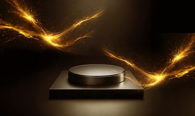 empty display platform mockup with gold light dynamic waves, black, background for product presentation. 3d style 