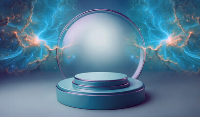 empty display platform mockup with cosmic nebuly decoration, blue background for product presentation. 3d style illustration