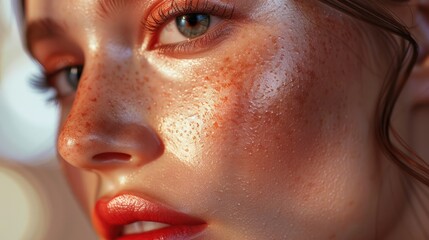 Close-up Portrait of a Woman with Freckles and Radiant Skin