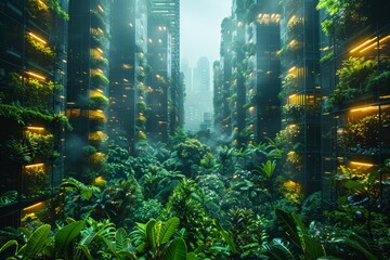Skyscraper backdrop for futuristic urban greenhouse