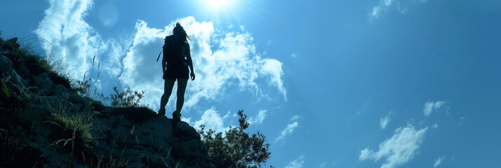 Sunny Summit Silhouette: Female Hiker on the Edge of Wilderness