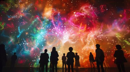 Fototapeta na wymiar Silhouettes of people watching in awe as fireworks burst in vibrant colors
