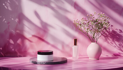Decorative cosmetics with podium on table near lilac wall - obrazy, fototapety, plakaty
