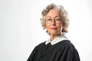 portrait showcasing the esteemed presence of a female judge, dressed in a professional uniform, against a clean white background, symbolizing her commitment to justice and fairness