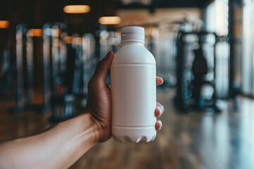 White fitness supplement bottle in hand, gym backdrop