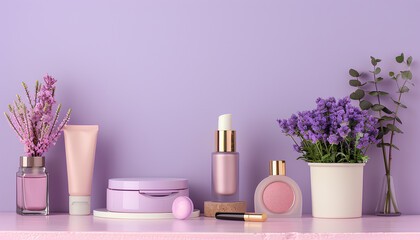 Decorative cosmetics with podium on table near lilac wall - obrazy, fototapety, plakaty