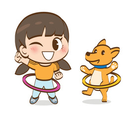 Young girl doing aerobic activity with her dog.