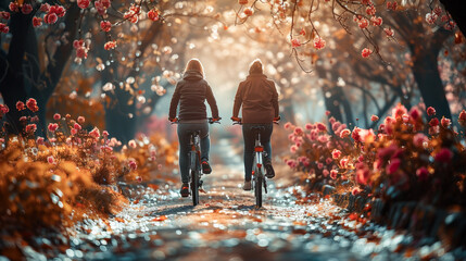 A couple riding bicycles on a sunny day. - Powered by Adobe