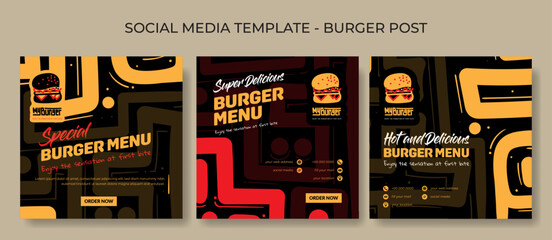 Set of social media post template in hand drawn line background design with burger icon