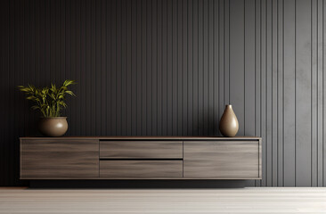 Modern empty room with gray slat wall and built