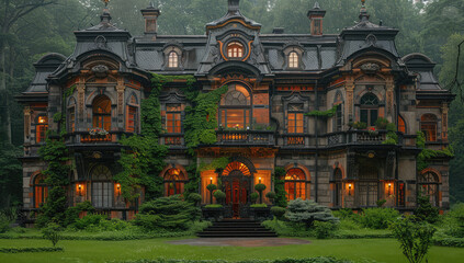 A beautiful mansion in the Victorian style, built of dark stone and wood with intricate carvings, stands against the background of greenery on an overcast day. Created with Ai