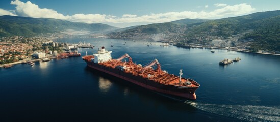 Aerial view of cargo ship in the Bay, Harbor Panorama with Red Vessel
