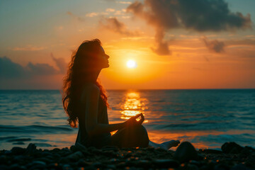 Fototapeta premium Woman doing yoga meditation on beach with beautiful sky .